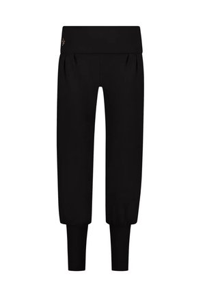 Schwarze, cropped Jogginghosen mit breitem Taillengummi, gefaltetem Vorderteil und engen Bündchen. Weiches Material ohne sichtbare Muster oder metallische Elemente.