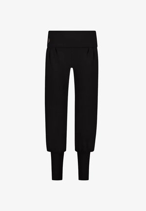 Mustat lyhyet jogger-housut leveällä vyötärönauha, laskostettu etuosa ja kapeat hihnat. Pehmeä materiaali, jossa ei ole näkyviä kuvioita tai metalliosia.