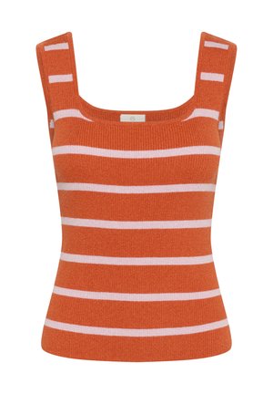 Débardeur en tricot orange avec des rayures horizontales blanches, décolleté carré et bretelles larges. Tissu texturé avec un corsage ajusté.