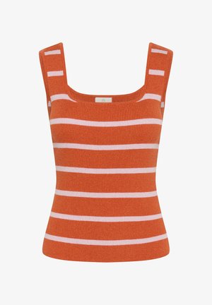 Oranžový pletený top s bílými horizontálními pruhy, čtvercovým výstřihem a silnými ramínky. Texturovaná tkanina s přiléhavým živůtkem.