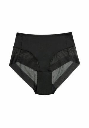 Ropa interior femenina negra de cintura alta con detalles de paneles de malla en los laterales, presentada extendida sobre un fondo blanco.