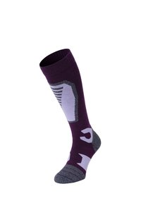 Paarse kniehoge sok met lichtpaarse en grijze patronen. Bevat ribbeltextuur, versterkte teen en een gevoerde zool voor comfort.