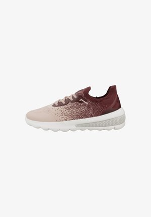 Light pink sneaker with a textured fabric upper featuring a maroon gradient pattern, lace closure, and a white cushioned sole with dots.