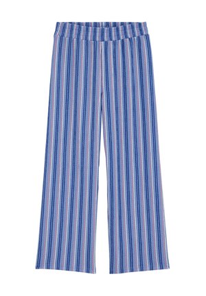 Blaue Strickhose mit weitem Bein und vertikalen Streifen in Hellblau, Rosa und Weiß, mit elastischem Bund.