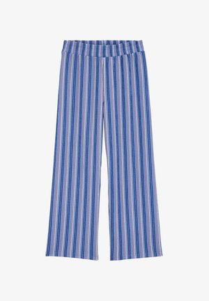 Kék kötött, bő szárú nadrág függőleges mintákkal világoskék, rózsaszín és fehér színekben, gumis derékpánttal.