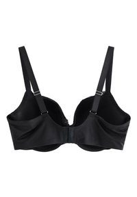 Sort bh med underwire og glat stof, justerbare stropper, blondekant langs den øverste kant og en hægte- og øjnelukning bagpå.