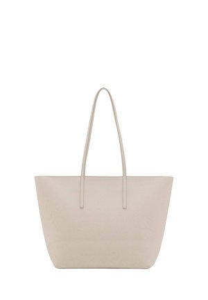 Grote beige draagtas met twee lange, dunne schouderbanden, glad oppervlak, eenvoudig ontwerp, gefotografeerd tegen een witte achtergrond.