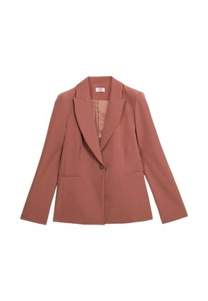 Blazer rosa con rever a punta, chiusura con un bottone, due tasche frontali e maniche lunghe. Tessuto liscio e vestibilità sartoriale.