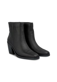 Bottines noires en cuir avec un bout pointu, un design ajusté et un talon épais. Texture lisse et style minimaliste, avec une fermeture éclair sur le côté.