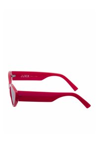 Red plastic sunglasses with a rectangular frame, slim arms, and a matte finish. "JJXX" is printed on the inner arm.