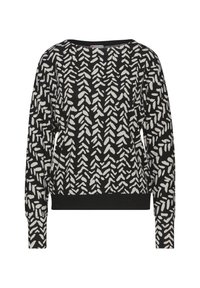 Schwarzer Pullover mit einem weißen Blattmuster, Rundhalsausschnitt, langen Ärmeln und einem einfarbigen schwarzen Bund. Aus weichem Stoff gefertigt.