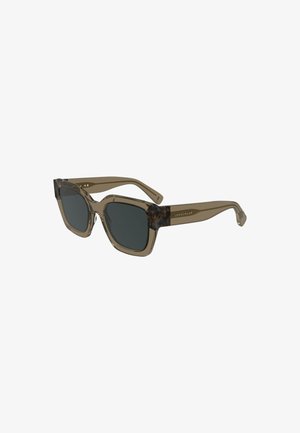 Quadratische Sonnenbrille mit dunkelgrauen Gläsern, olivgrünem Rahmen und Schildpatt-Akzenten an den Bügeln. Minimalistisches Design mit glatter Textur.