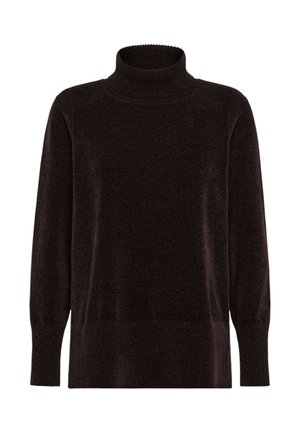 Maglione a dolcevita marrone scuro, lavorato a maglia, con maniche lunghe e polsini e orlo a coste, mostrato su uno sfondo bianco.