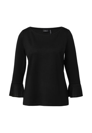 Black long-sleeve top made of smooth fabric, featuring a round neckline and pleated accents at the sleeves.