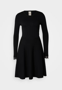 Black long-sleeve dress with a round neckline and flared skirt, featuring lace accents at the sleeve cuffs, made from a soft, stretchy material.