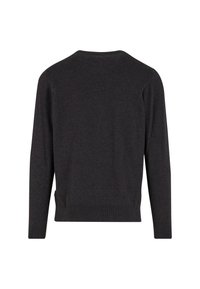 Pull noir en maille douce, avec un col rond, des manches longues et un ourlet côtelé. Design simple, sans ornements visibles.