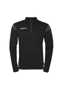 Zwarte lange mouw pullover met een kwart ritssluiting, grijze accenten op de schouders, netachtig textuur en wit "uhlsport" logo op de borst.