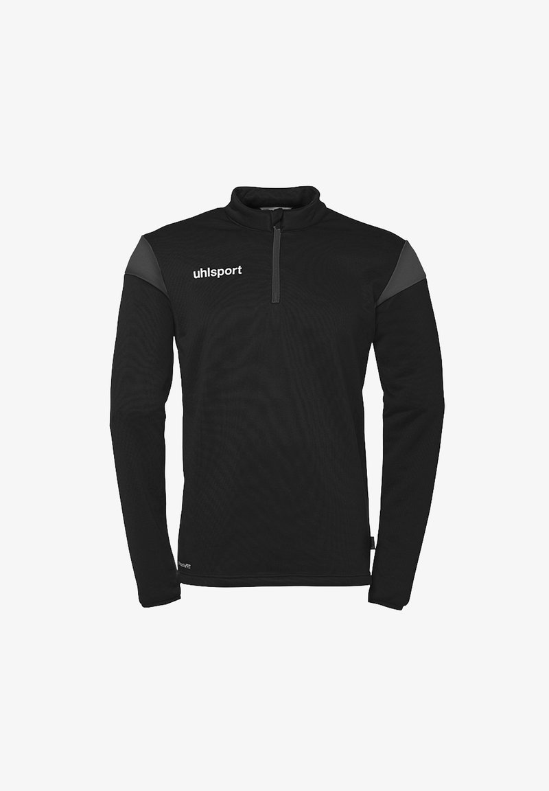 Schwarzer Pullover mit langen Ärmeln und einem Viertel-Reißverschluss, graue Akzente an den Schultern, netzartige Textur und weißes "uhlsport"-Logo auf der Brust.