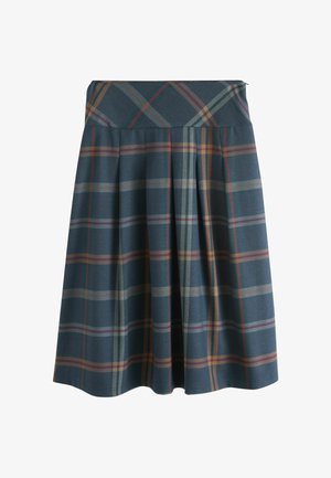 Knee-length pleated skirt with wide waistband, featuring blue, orange, and purple plaid pattern on a dark background.