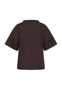 Dark brown short-sleeve blouse with a high ruffled neckline and lace trim detail on the sleeves, shown from the back.