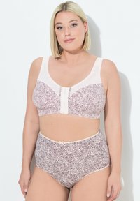 Bralette med rosornas mönster och högmidjade trosor i mauve och ljusrosa. Har en slät textur och breda band med stängning fram.
