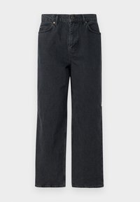 Mørkeblå denimbukser med bred ben, fem lommer og knappestenging. Inkluderer kobberfarget metalldetaljer og subtil tekstur.