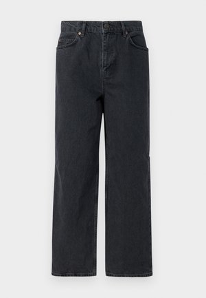 Dark blue denim trousers with a wide leg, five-pocket design, and a button closure. Includes copper-tone hardware and subtle texture.
