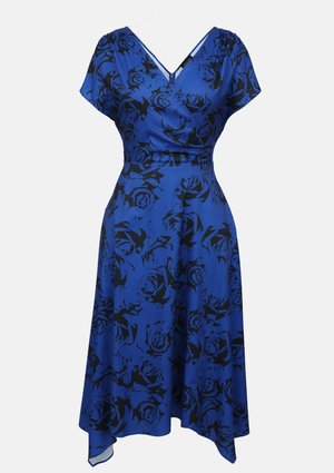 Blue dress featuring a floral black rose pattern, short sleeves, a V-neck, and an asymmetric hem, made from a smooth fabric.