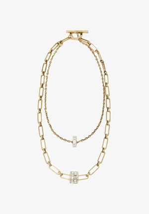 Collana a strati con tonalità dorata, caratterizzata da una catena spessa e un delicato legame, adornata con accenti di zirconia cubica e un gancio sicuro.