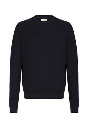 Dunkelblau gestrickter Pullover mit Rundhalsausschnitt, langen Ärmeln und gerippter Struktur. Verfügt über einen geraden Schnitt und keine sichtbaren Verzierungen.