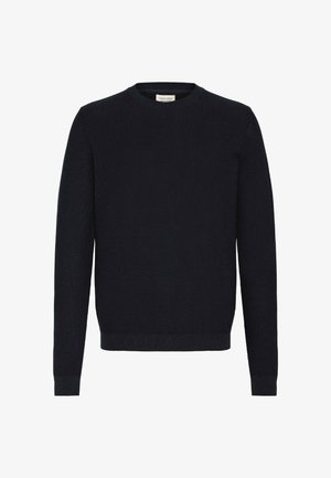 Dunkelblau gestrickter Pullover mit Rundhalsausschnitt, langen Ärmeln und gerippter Struktur. Verfügt über einen geraden Schnitt und keine sichtbaren Verzierungen.