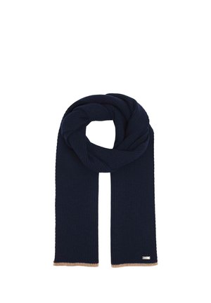 Dark blue ribbed knit scarf with beige edges and a small rectangular metal tag on one end, displayed flat with a loop at the top.