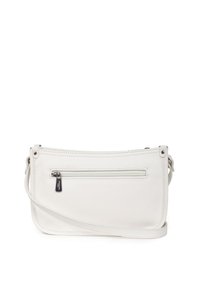 Borsa a tracolla in pelle bianca con tasca con zip, design piatto, tracolla regolabile e dettagli di cucitura sottili. Texture liscia.