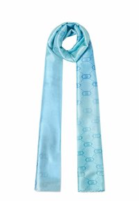 Scarf di seta blu chiaro con una texture liscia, caratterizzato da un motivo di logo ripetuto in tonalità di blu più scuro. I bordi irregolari creano una forma fluida.
