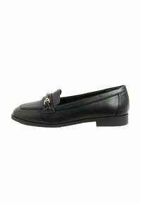 Black leather loafer with a textured front panel, gold-tone hardware accent, rounded toe, and low stacked heel. Smooth finish and classic design.