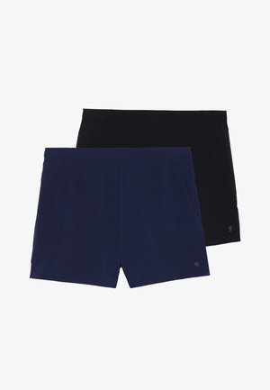 Dois pares de calções: um azul-marinho e um preto. Feitos de tecido macio com cintura elástica e bolsos laterais. Cores sólidas e simples.