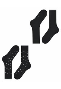 Schwarze Socken mit einer glatten Textur und einem gemusterten Design in Weiß und Grau. Mit einem kontrastierenden Bündchen oben.
