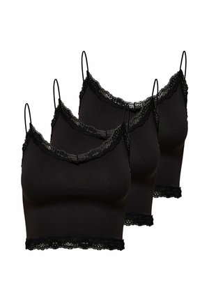 Ensemble de trois camisoles noires avec fines bretelles et bordure en dentelle à l'encolure et à l'ourlet, présentées sur fond blanc.