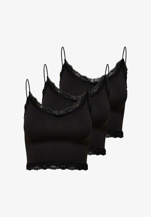 Conjunto de tres camisetas negras con tirantes finos y ribete de encaje en el escote y el dobladillo, exhibidas sobre fondo blanco.