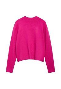 Pull court rose vif avec un col rond, manches longues et une texture lisse. Design minimaliste avec un détail côtelé au niveau du col.