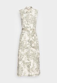 Abito midi senza maniche in crema chiaro con stampe botaniche verdi. Chiusura con bottoni sul davanti, vita con cintura e tessuto smerigliato.