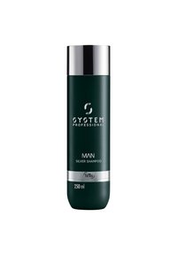 Groene plastic fles van System Professional Man Silver Shampoo, 250 ml, met een zilveren dop, witte branding en een horizontale zilveren streep.