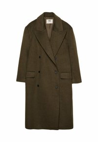 Olijfgroene dubbelgeknoopte jas gemaakt van een wolmix stof; heeft een gespitste revers, twee zwarte knopen en twee zijzakken.