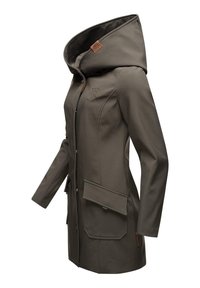 Hooded softshell-jacka i olivgrön, med en hel dragkedja, två framfickor och en strukturerad yta med en märkesemblem-accent.