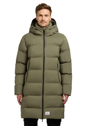 Long olive green puffer coat with a hood, featuring a zip front, horizontal quilted sections, and side pockets, made from a smooth material.