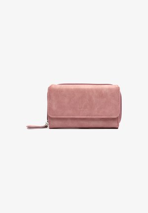Portefeuille en cuir rose avec une texture lisse et une fermeture éclair, dotée d'un rabat avant et d'une languette en cuir pour un accès facile.