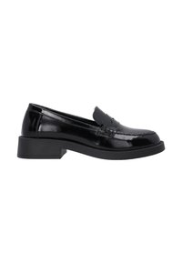 Schwarze Lackleder Slipper mit flachem, quadratischem Absatz, runder Zehe und dekorativem Riemen über der Vorderseite. Glatte, glänzende Oberfläche.