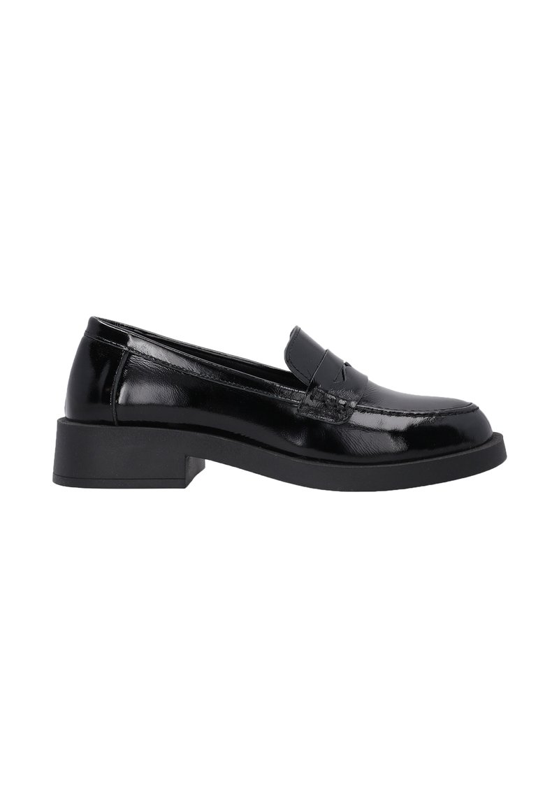 Schwarze Lackleder Slipper mit flachem, quadratischem Absatz, runder Zehe und dekorativem Riemen über der Vorderseite. Glatte, glänzende Oberfläche.