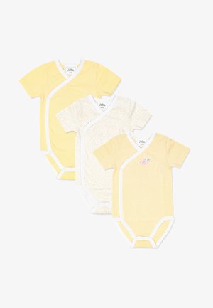 Drie korte mouw babyrompers in gele tinten: effen, met stippen en gestreepte patronen met witte rand en een kleine graphic op één van de rompers.