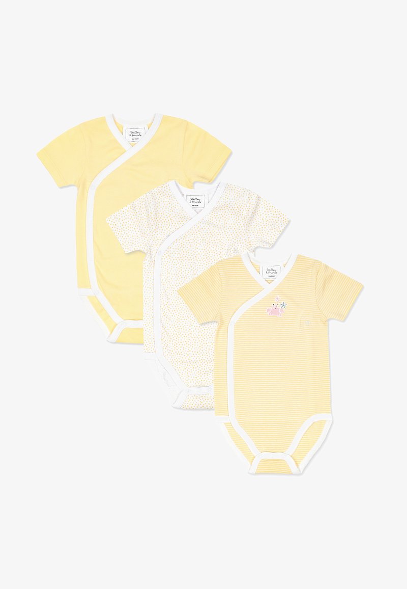 Tre body neonato a manica corta in tonalità di giallo: uno uni, uno a pois e uno a righe con rifiniture bianche e una piccola grafica su uno di essi.